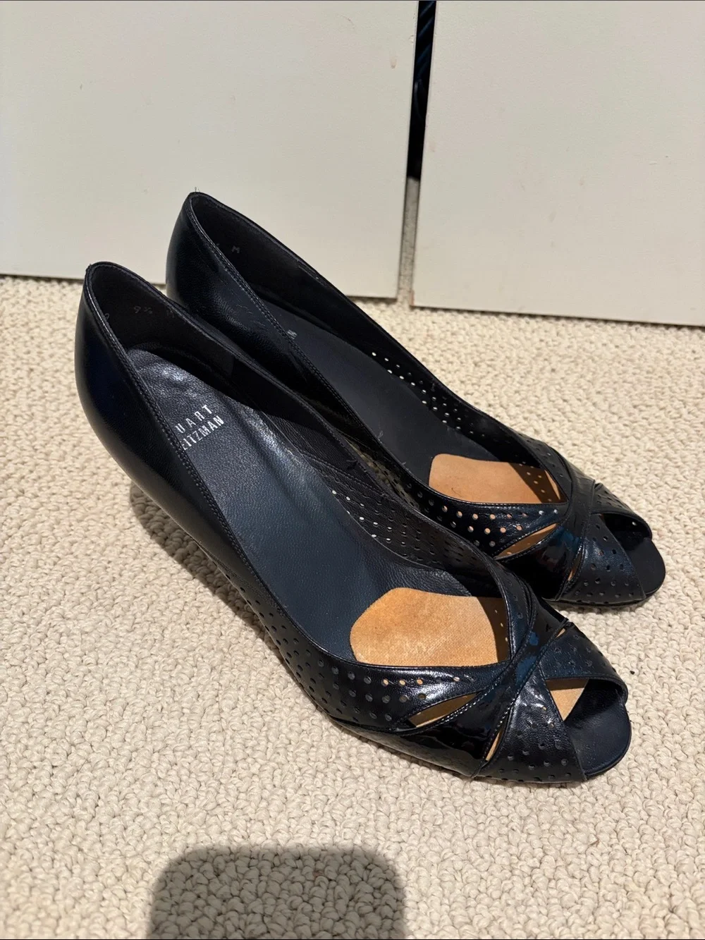 Stuart Weitzman Black Patent Leather Peep-Toe Heels